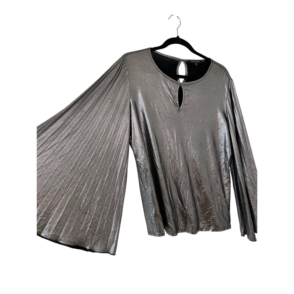 Marina Silver Metallic Pleated Bell Sleeve Blouse Size L Glam Party Evening